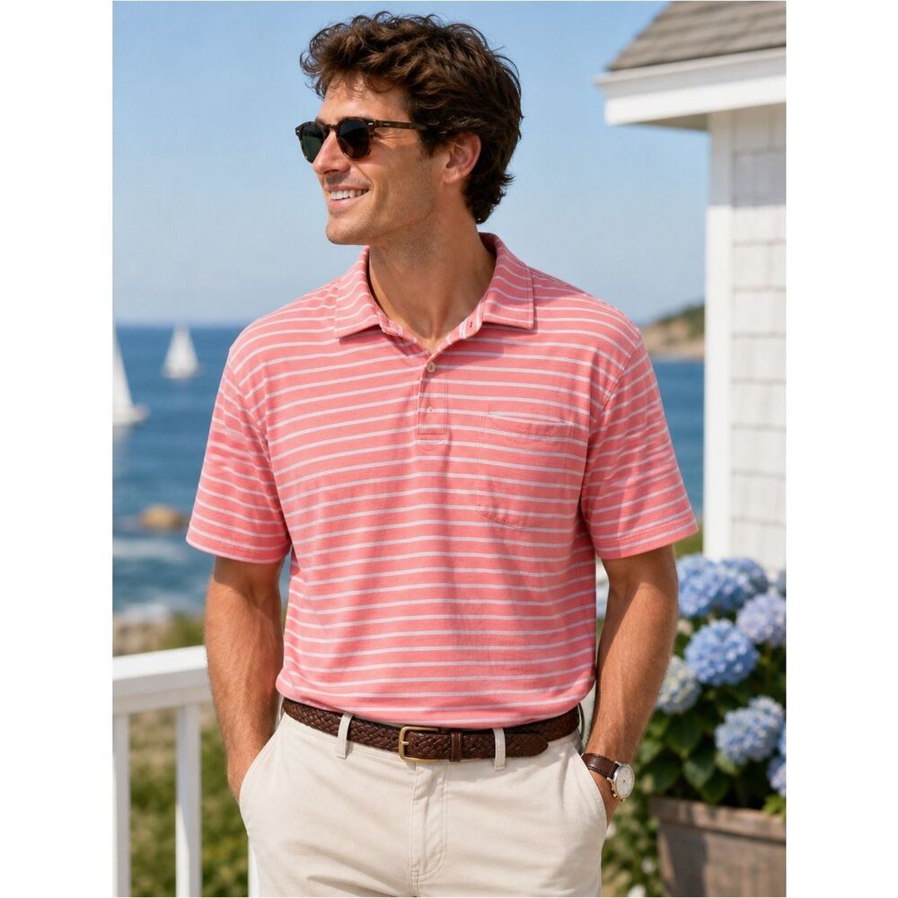 Peter Millar Pink Striped Polo Shirt Men’s Large Coastal Preppy Pocket Polo